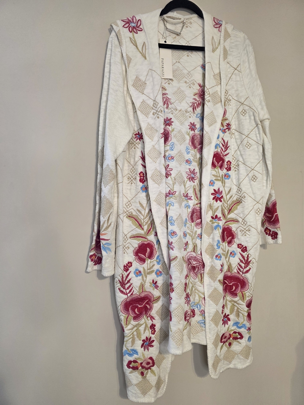 Embroidered Floral Hooded Cardigan Sweater - Ivory with Pink Floral